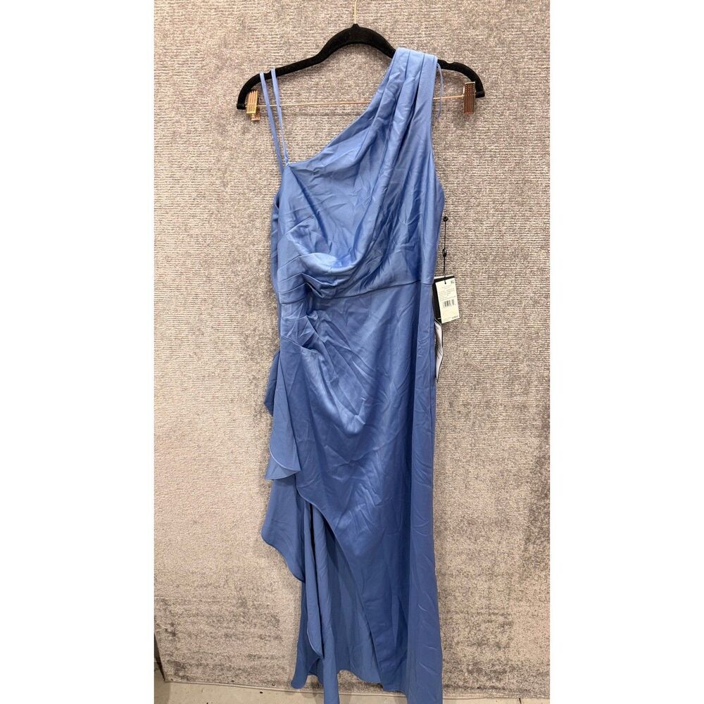 Adrianna Papell Women Gown 6 Blue Satin Crepe One Shoulder Ruffle Side Slit - Picture 2 of 11